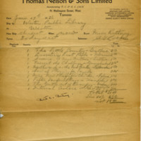 Invoice from Thomas Nelson &amp; Sons Limited showing listing of books purchased by Weston Public Library