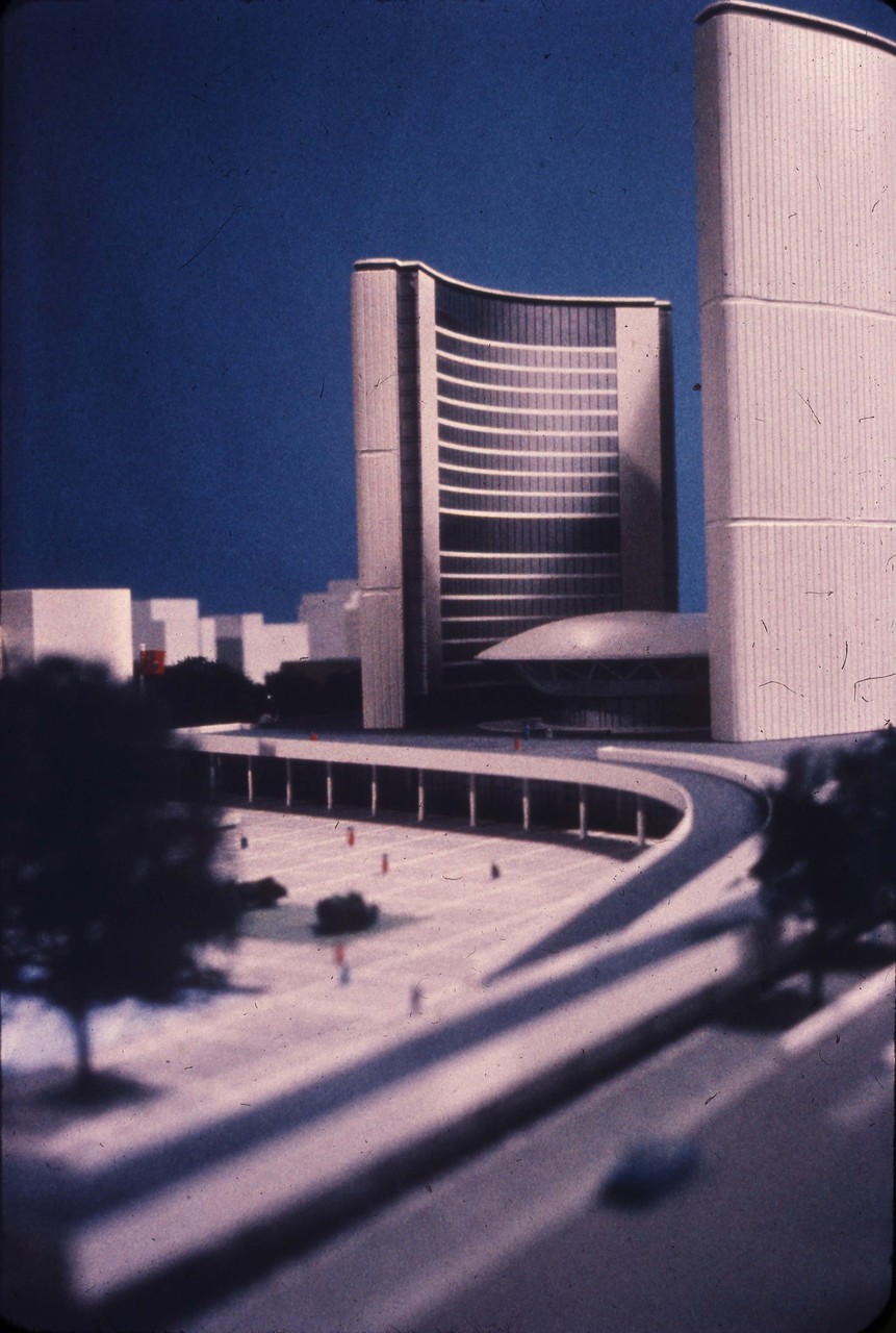 Viljo Revell entry, City Hall and Square Competition, Toronto, 1958, architectural model in situ, Stage two