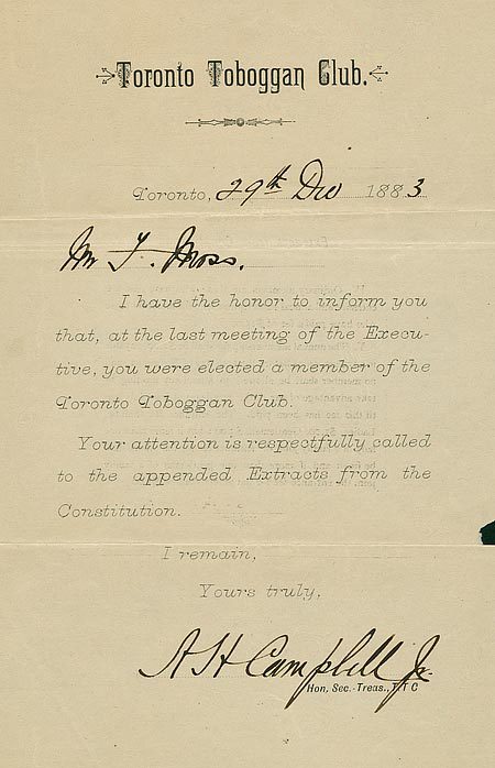 Toronto Toboggan Club letter, 29 December 1883