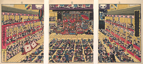 View of a kabuki theatre interior during a performance