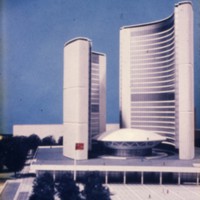 Viljo Revell entry, City Hall and Square Competition, Toronto, 1958, architectural model in situ, stage two