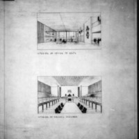 Adamson & Associates entry City Hall and Square Competition, Toronto, 1958, interior of foyer to south and interior of council chamber