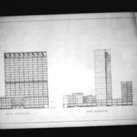 Leslie Forster entry City Hall and Square Competition, Toronto, 1958, south and east elevation drawings